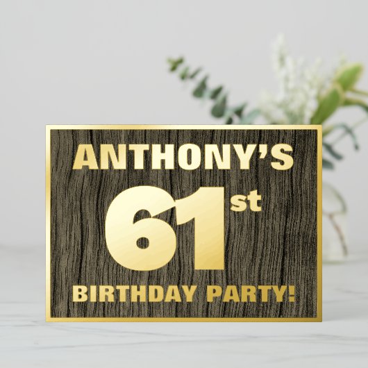 第61回バースデーパーティーはっきりした:木フェイクの木目の模様 箔招待状 (立ち正面)