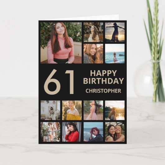 第61誕生日フォトコラージュ13枚の写真黒と金ゴールド カード (正面)