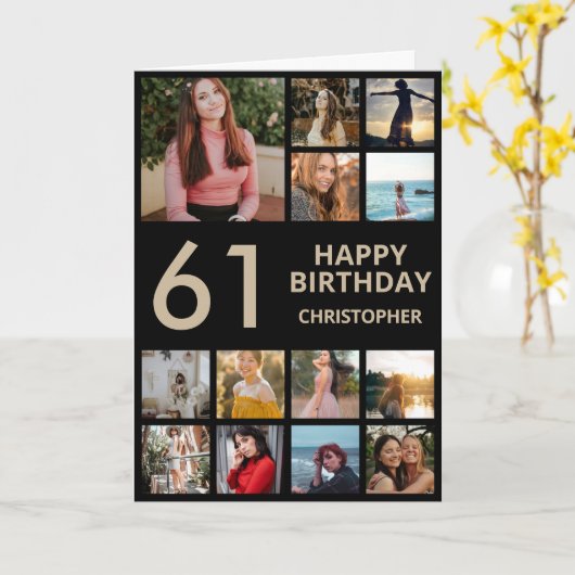 第61誕生日フォトコラージュ13枚の写真黒と金ゴールド カード (黄色い花)