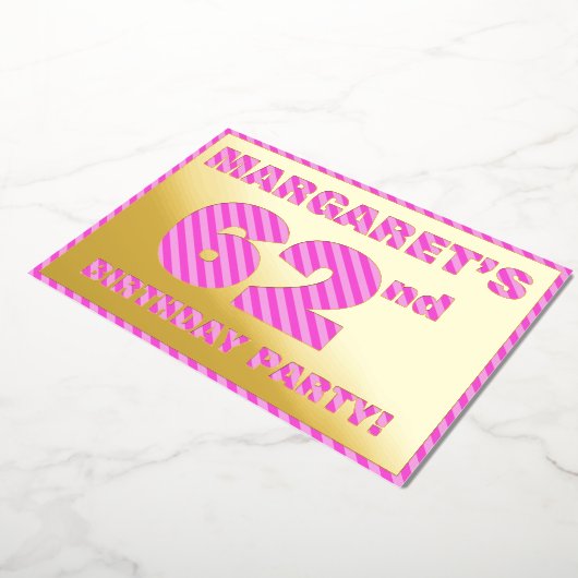 第62回バースデーはっきりしたタ・パーティー：おもしろい、ピンクストライプ・# 62 箔招待状 (回転した状態)