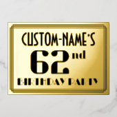 第62回バースデーパーティー:アールデコルック"62"と名前 箔招待状 (正面)