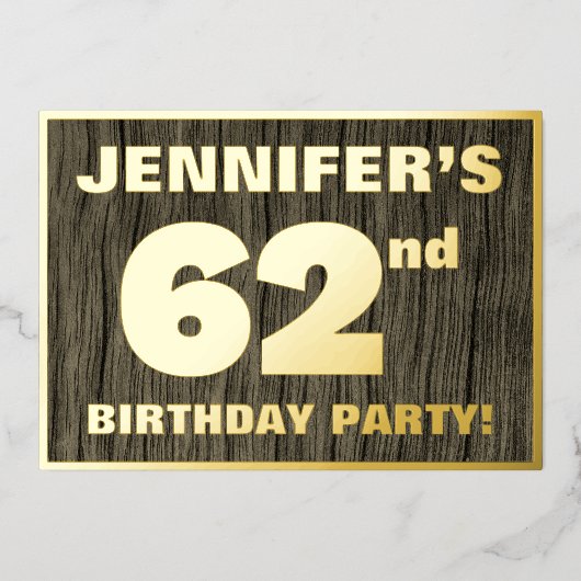 第62回誕生日パーティーはっきりした:,木目フェイク模様 箔招待状 (正面)