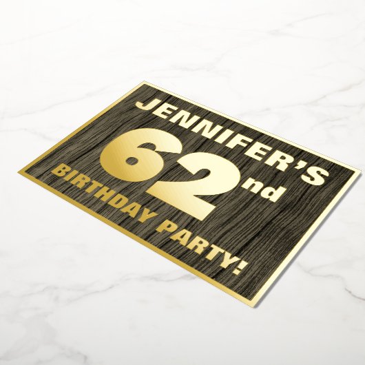 第62回誕生日パーティーはっきりした:，木目フェイク模様 箔招待状 (回転した状態)