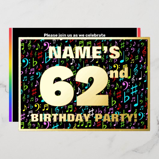 第62回誕生日パーティー – おもしろい、音楽カラフル記号 箔招待状 (正面/裏面)