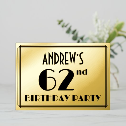 第62回誕生日パーティー – アールデコの外観：「62」 +名前 箔招待状 (立ち正面)
