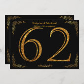 第62回誕生日パーティー,ギャツビースタイル,ブラック金ゴールドグリッター 招待状 (正面/裏面)