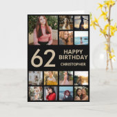 第62誕生日フォトコラージュ13枚の写真(黒と金ゴールド) カード (黄色い花)