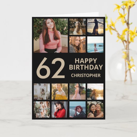 第62誕生日フォトコラージュ13枚の写真(黒と金ゴールド) カード (黄色い花)