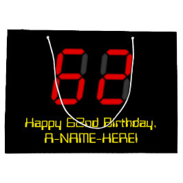 第62誕生日: 赤いデジタル時計のスタイル"62" + 名前 ラージペーパーバッグ