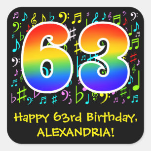 第63誕生日:ミュージカラフルックシンボル，レインボー63 スクエアシール