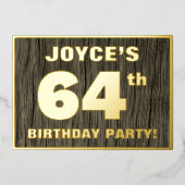 第64回誕生日パーティーはっきりした:木フェイクの木目の模様 箔招待状 (正面)