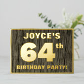 第64回誕生日パーティーはっきりした:木フェイクの木目の模様 箔招待状 (立ち正面)