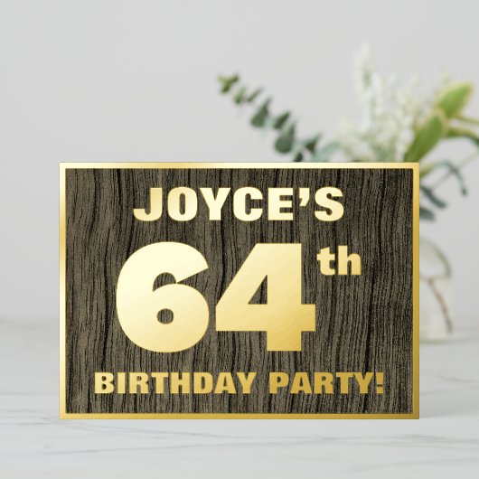 第64回誕生日パーティーはっきりした:木フェイクの木目の模様 箔招待状 (立ち正面)