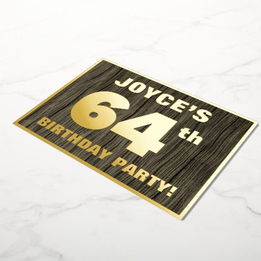 第64回誕生日パーティーはっきりした:木フェイクの木目の模様 箔招待状 (回転した状態)