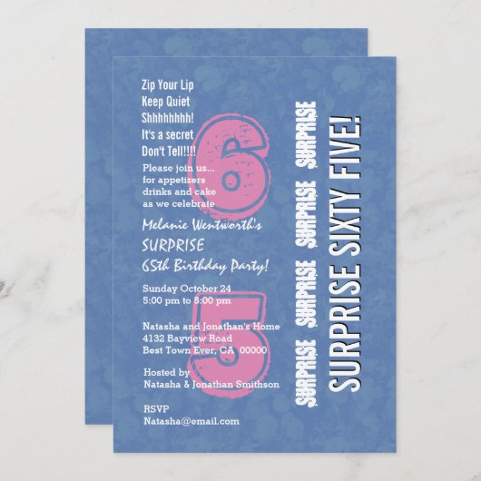 第65モダンな誕生日青く、ピンクV04を驚かして下さい 招待状 (正面/裏面)