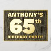 第65回誕生日パーティーはっきりした:木フェイクの木目の模様 箔招待状 (正面)