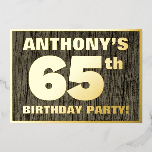 第65回誕生日パーティーはっきりした：木フェイクの木目の模様 箔招待状 (正面)