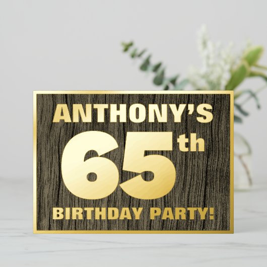 第65回誕生日パーティーはっきりした:木フェイクの木目の模様 箔招待状 (立ち正面)