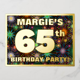 第65回誕生日パーティーはっきりした:, Fireworksカラフル Look 箔招待状ポストカード