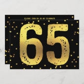 第65誕生会のフェイクな金ゴールドホイルの紙吹雪の黒 招待状 (正面/裏面)