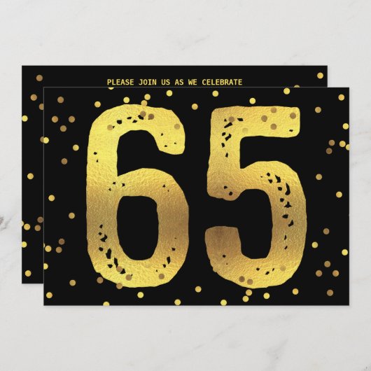 第65誕生会のフェイクな金ゴールドホイルの紙吹雪の黒 招待状 (正面/裏面)