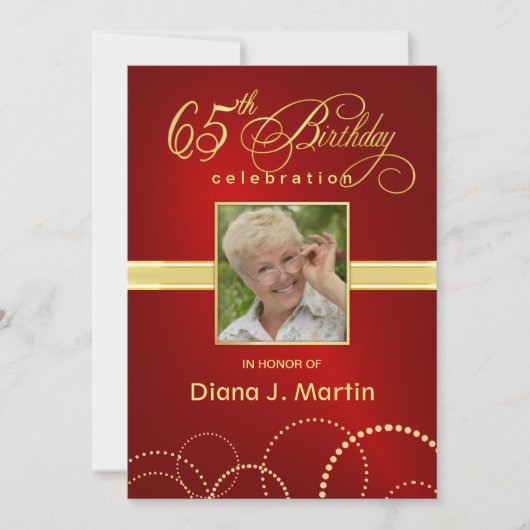 第65誕生会の写真の招待状のエレガントな赤 招待状 (正面)