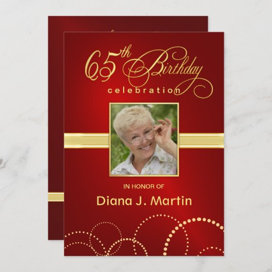 第65誕生会の写真の招待状のエレガントな赤 招待状 (正面/裏面)