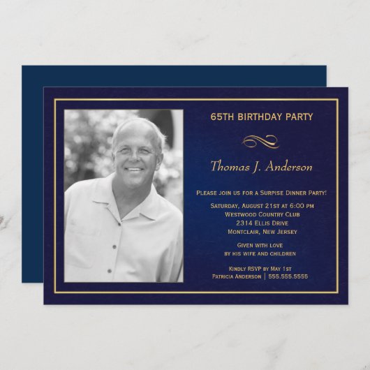 第65誕生会の写真の招待状のロイヤルブルー 招待状 (正面/裏面)