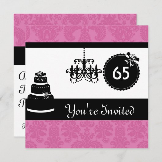 第65誕生会の黒く及び白いダマスク織Inviites 招待状 (正面/裏面)