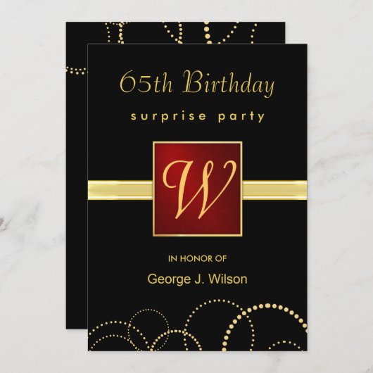 第65誕生日のびっくりパーティ-エレガントなモノグラム 招待状 (正面/裏面)