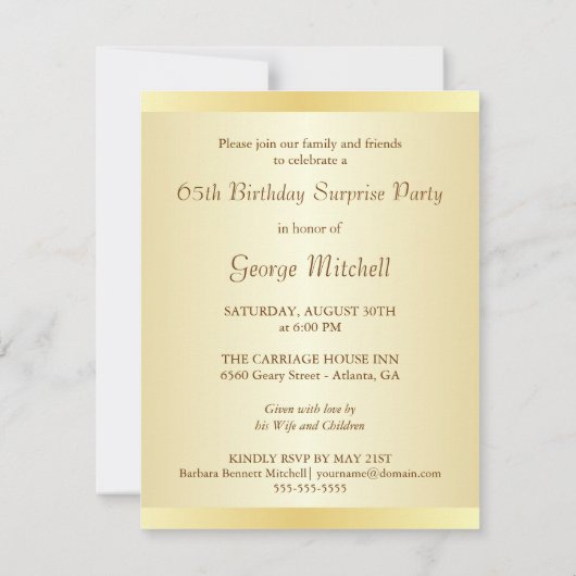 第65誕生日の驚きのパーティの招待状-金ゴールド 招待状 (裏面)