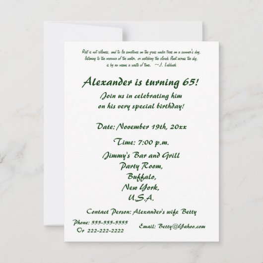 第65誕生日は引用文とまたはパーティーリラックスします 招待状 (裏面)