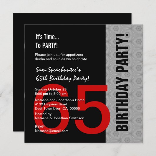 第65誕生日または任意年度の赤銀黒C846A 招待状 (正面/裏面)