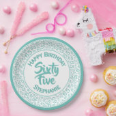 第65誕生日クールな数パターンティール（緑がかった色）か白 ペーパープレート (パーティー)