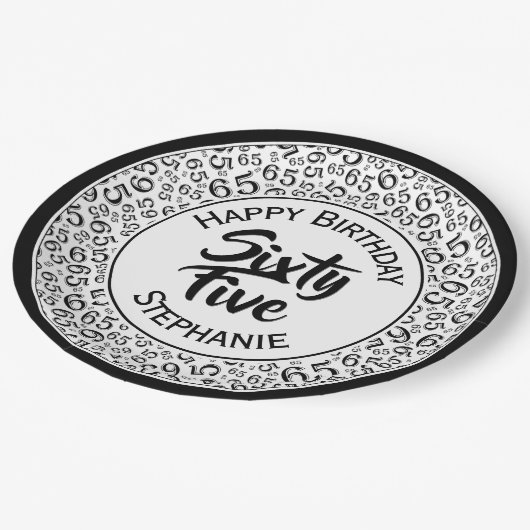 第65誕生日白黒クールな数パターン ペーパープレート (アングル)