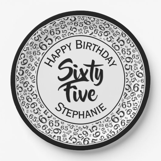 第65誕生日白黒クールな数パターン ペーパープレート (正面)