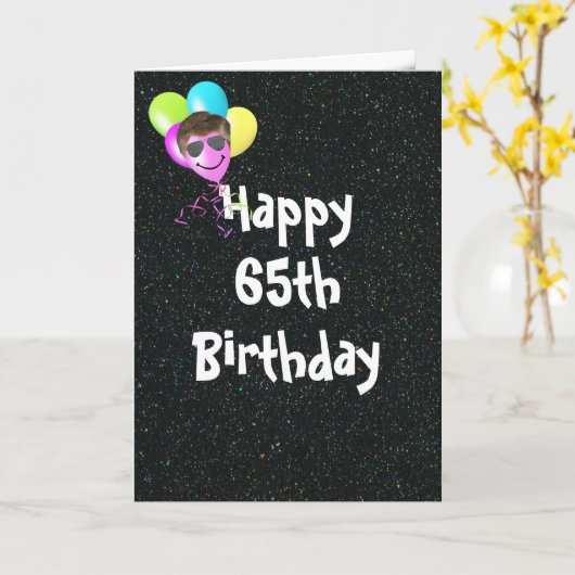 第65誕生日風船(アビエーターサングラス付) カード (黄色い花)