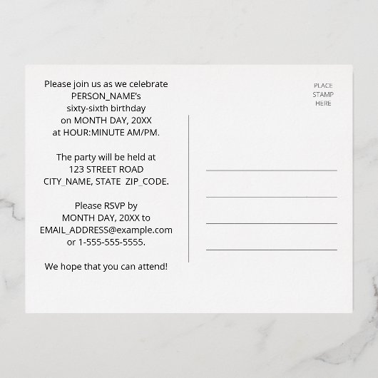 第66回バースデーはっきりしたタカラフルーパーティー 箔招待状ポストカード (裏面)