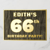 第66回バースデーパーティーはっきりした:,木目フェイク模様 箔招待状 (正面)