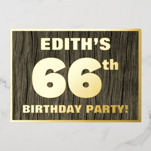 第66回バースデーパーティーはっきりした:,木目フェイク模様 箔招待状 (正面)
