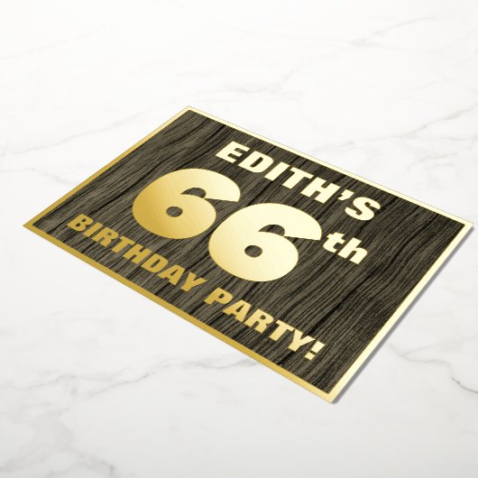 第66回バースデーパーティーはっきりした:,木目フェイク模様 箔招待状 (回転した状態)