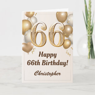 第66誕生日金ゴールドバルーンと紙吹雪誕生日 カード
