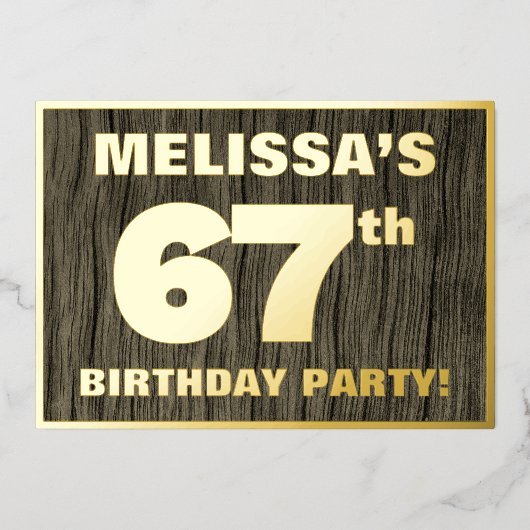第67回バースデーパーティーはっきりした:,木目フェイク模様 箔招待状 (正面)