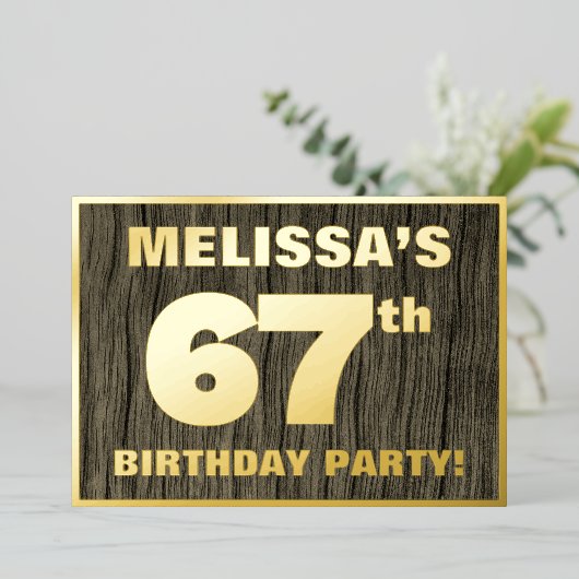第67回バースデーパーティーはっきりした:,木目フェイク模様 箔招待状 (立ち正面)