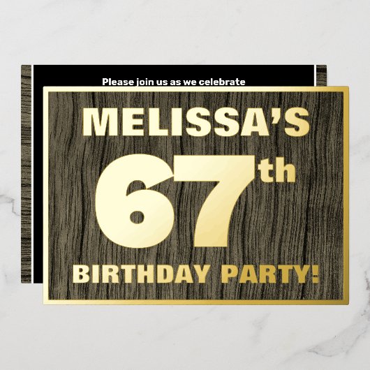 第67回バースデーパーティーはっきりした:,木目フェイク模様 箔招待状 (正面/裏面)