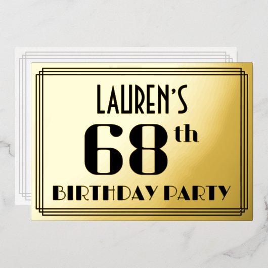 第68回誕生日パーティー:アールデコの外観"68"と名前 箔招待状 (正面/裏面)