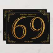 第69誕生会、Gatsbyのstyl、黒い金ゴールドのグリッター 招待状 (正面/裏面)