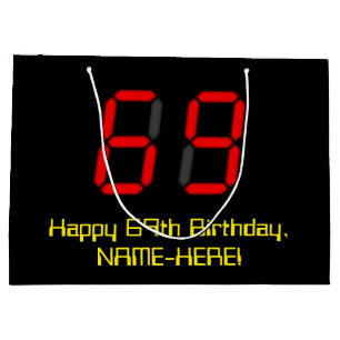 第69誕生日: 赤いデジタル時計のスタイル"69" + 名前 ラージペーパーバッグ