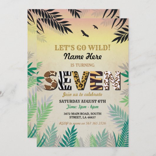 第7ジャングル7の誕生会のサファリの動物園の招待 招待状 (正面/裏面)