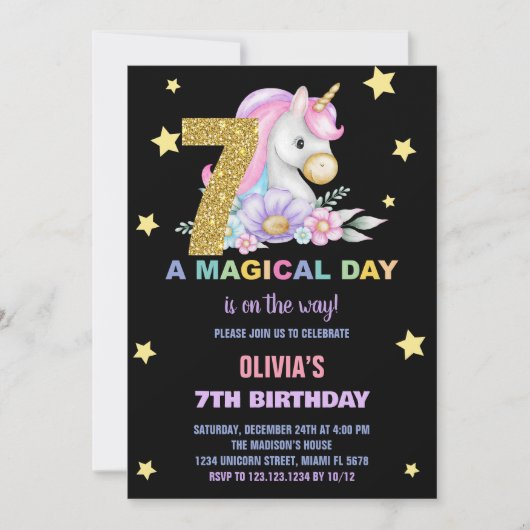 第7フローラユニコーン誕生日招待状 招待状 (正面)